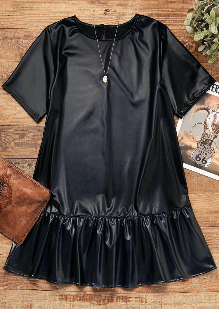 Ruffled Short Sleeve Mini Dress - Black