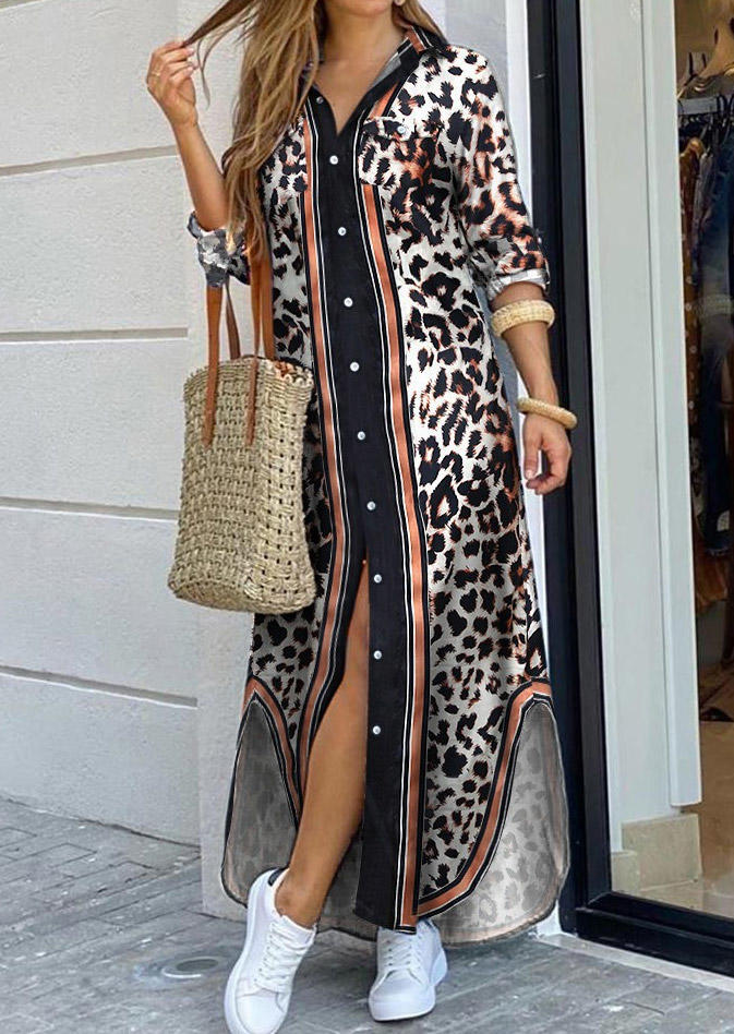 Leopard Button Slit Maxi Dress