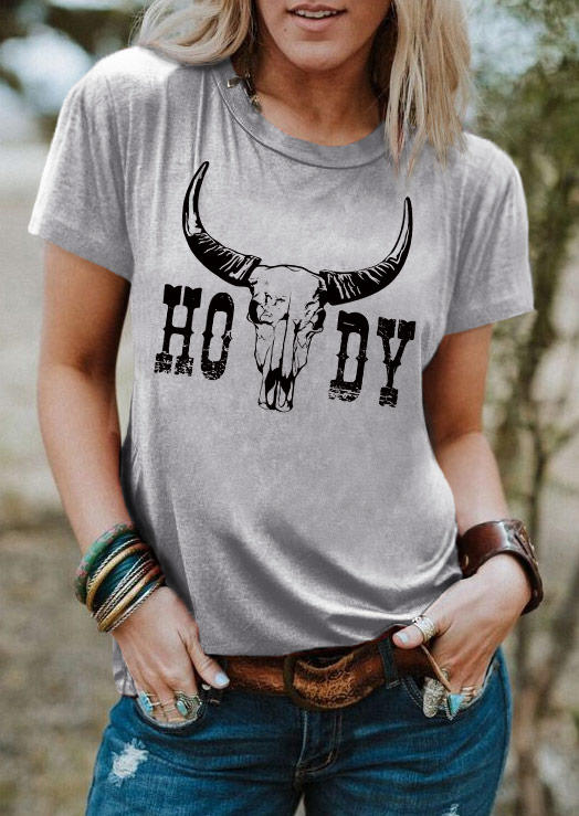 

Howdy Steer Skull O-Neck T-Shirt Tee - Gray, SCM011817