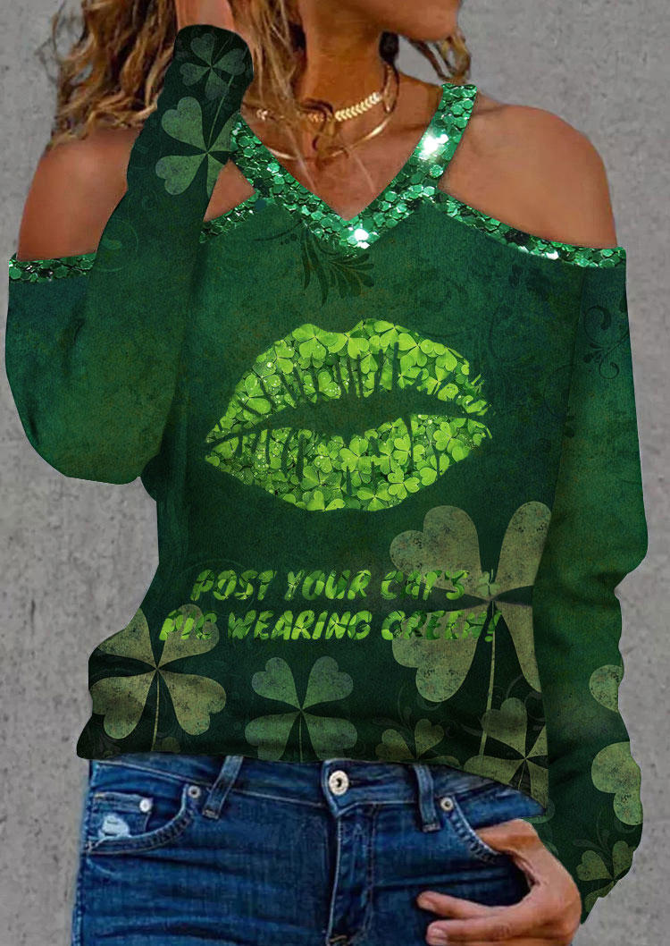

St. Patrick's Day Lucky Shamrock Lips Cold Shoulder Blouse - Green, SCM010997