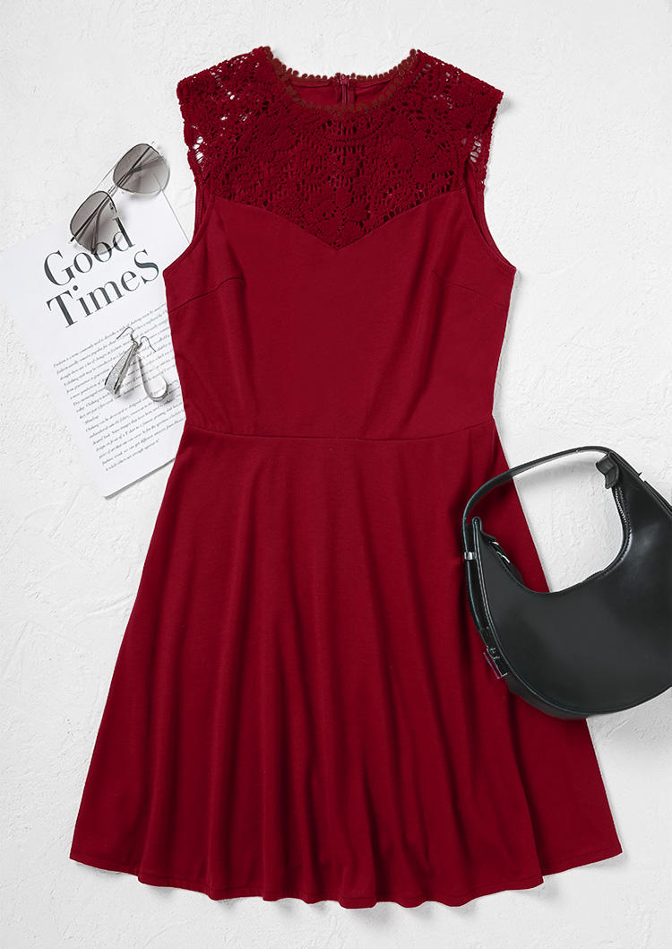 Lace Splicing Sleeveless Mini Dress - Burgundy