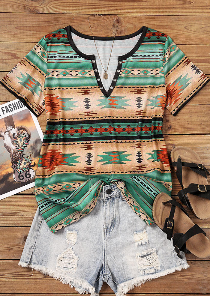 Aztec Geometric Notched Neck Blouse without Black Camisole