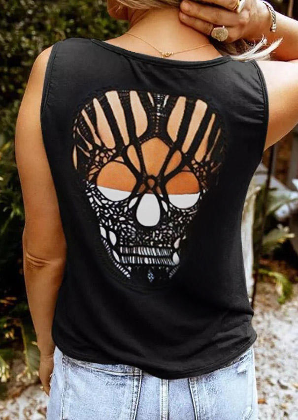 

Hollow Out Skull Casual Tank without Camisole - Black, SCM011608