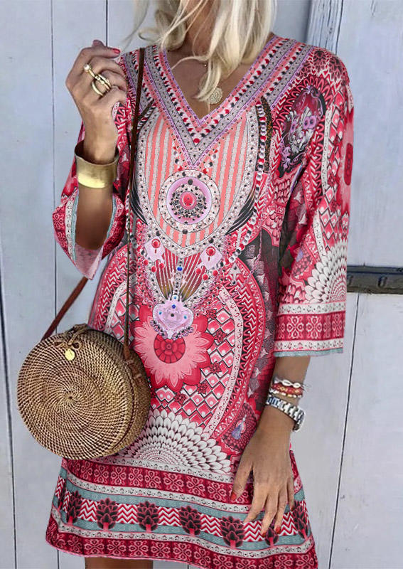 

Bohemian Geometric Floral Tree Mini Dress - Red, SCM011794