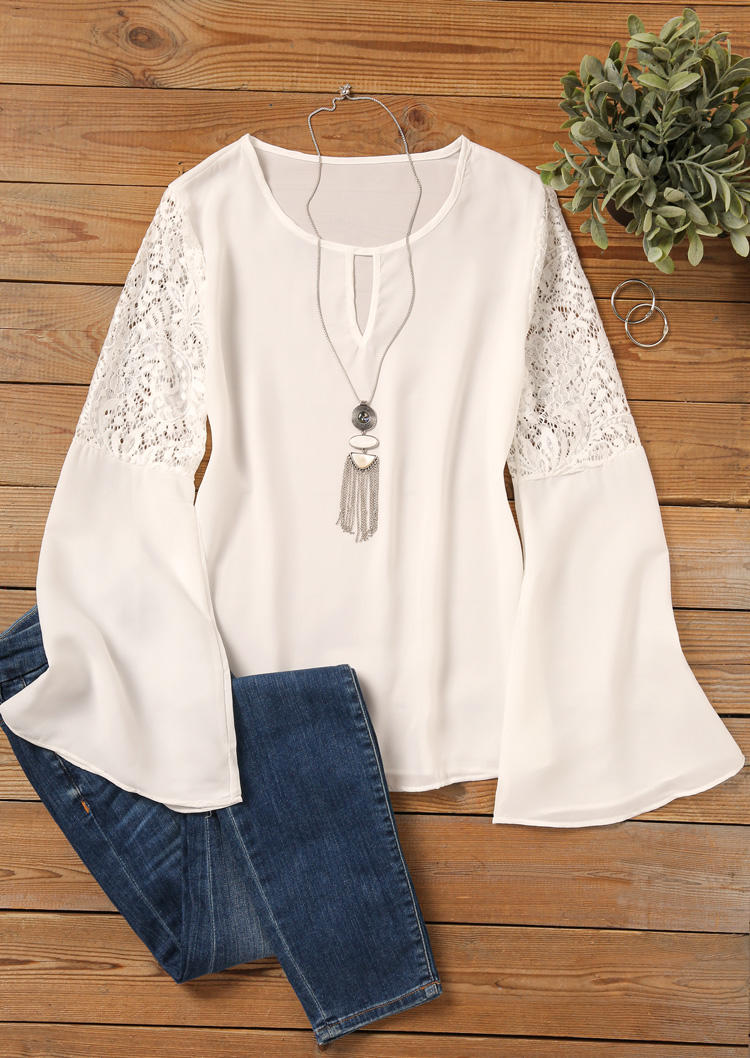 Lace Splicing Hollow Out Flare Sleeve Blouse - White