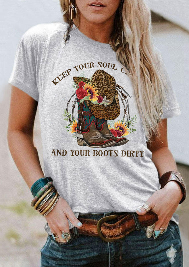 

Keep Your Soul Clean And Your Boots Dirty Leopard T-Shirt Tee - Gray, SCM011926