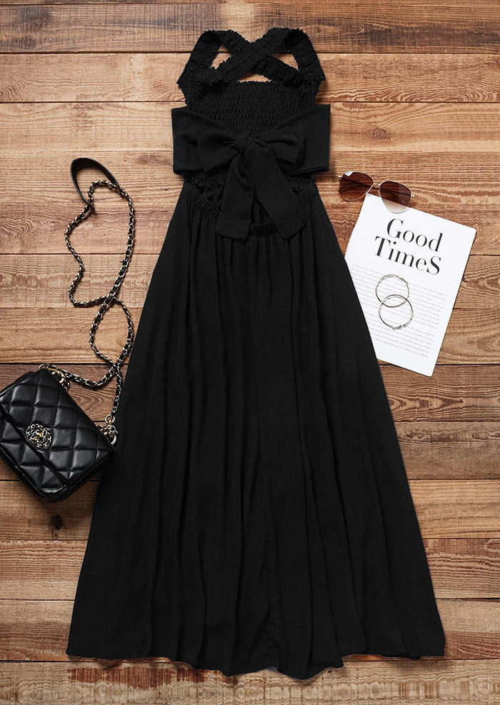 Smocked Criss-Cross Tie Midi Dress - Black