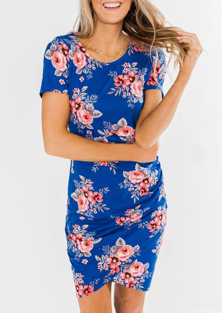 

Floral Ruched Short Sleeve Bodycon Dress - Blue, SCM011038