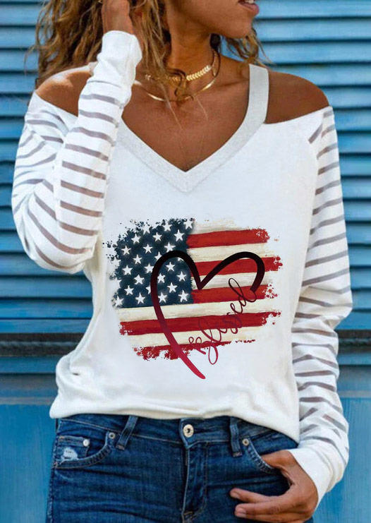 

American Flag Star Heart Cold Shoulder Blouse - White, SCM011505