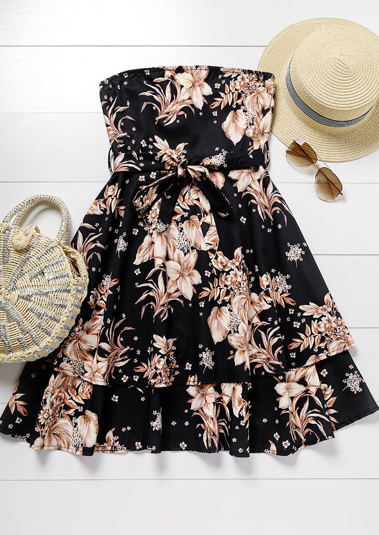 Floral Zipper Strapless Bandeau Mini Dress With Belt - Black