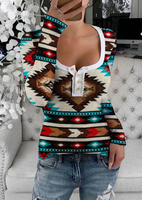 

Aztec Geometric Button Long Sleeve Blouse, Multicolor, SCM011624