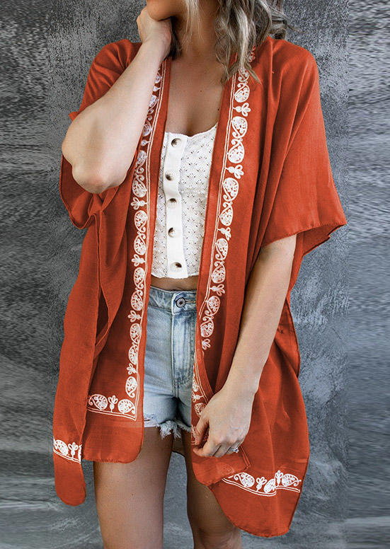 

Ethnic Short Sleeve Slit Open Front Cardigan - Orange, SCM011663