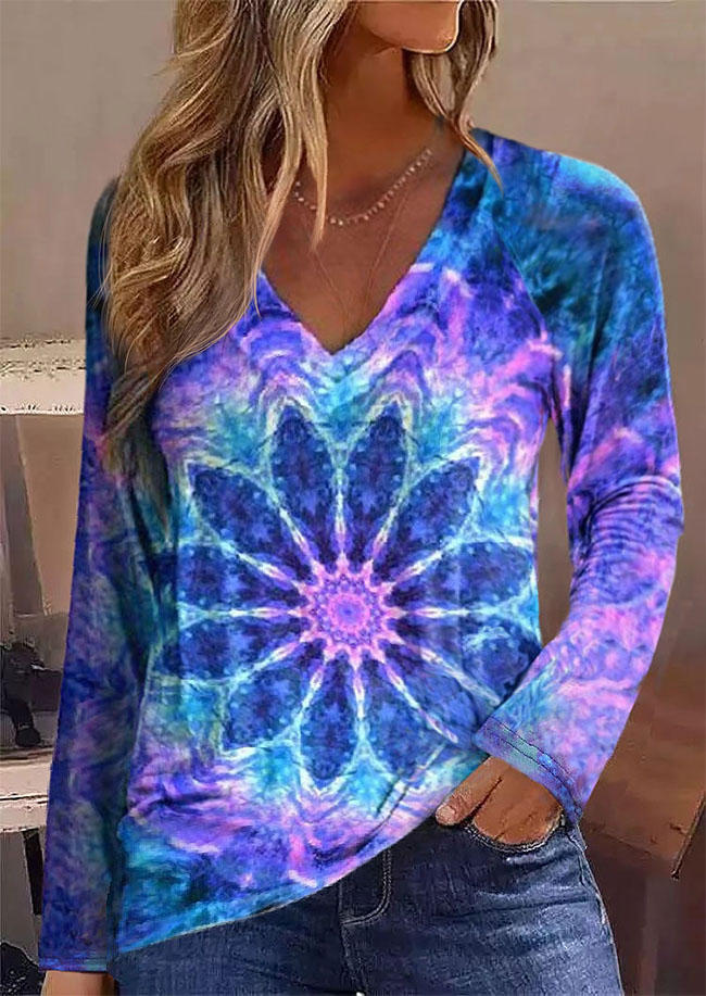 

Floral Tie Dye V-Neck Blouse, Multicolor, SCM011668