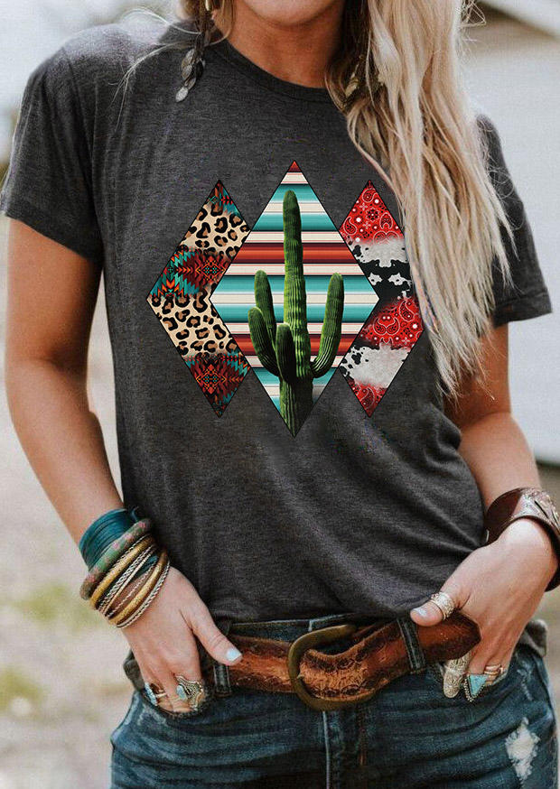 Leopard Aztec Geometric Serape Striped Cactus T-Shirt Tee - Gray