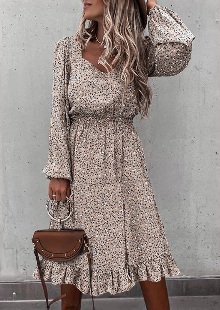 

Ruffled Smocked Long Sleeve Square Collar Midi Dress - Khaki, SCM011872