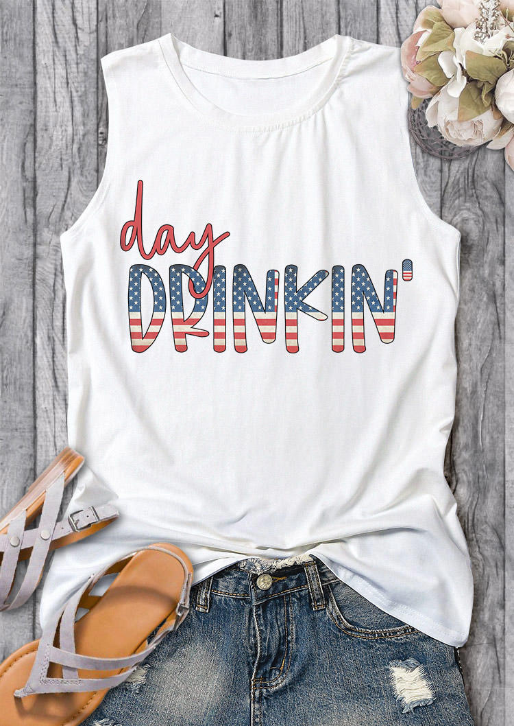 

Day Drinkin' American Flag O-Neck Tank - White, SCM011960