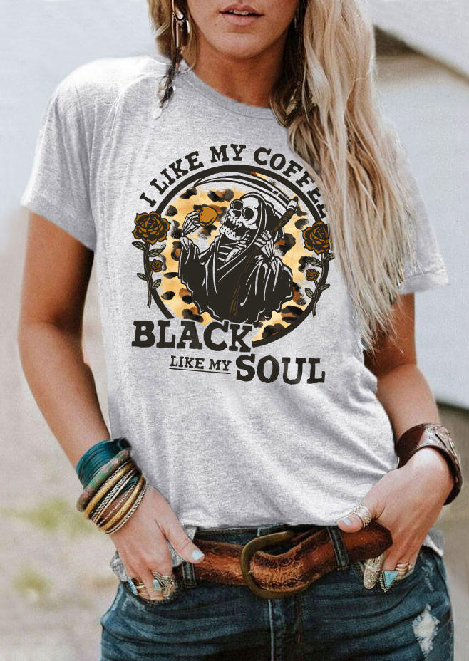 I Like My Coffee Black Like My Soul Skeleton T-Shirt Tee - Light Grey