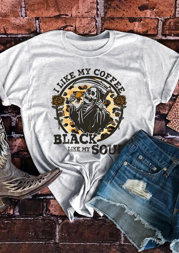 

I Like My Coffee Black Like My Soul Skeleton T-Shirt Tee - Light Grey, Gray, SCM012018