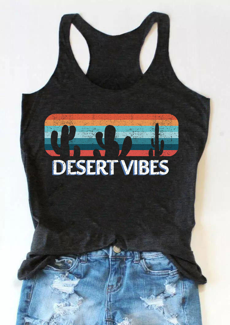 

Desert Vibes Cactus O-Neck Racerback Tank - Dark Grey, Gray, SCM012021