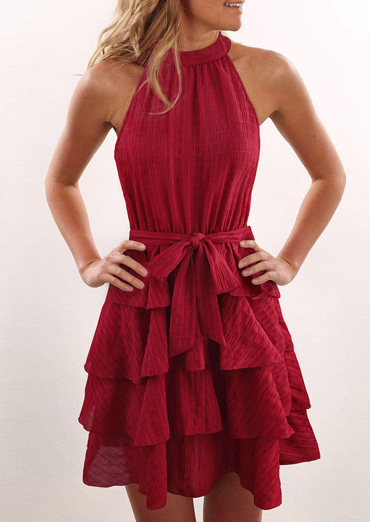 

Zipper Tie Ruffled O-Neck Mini Dress with Belt - Red, SCM011653