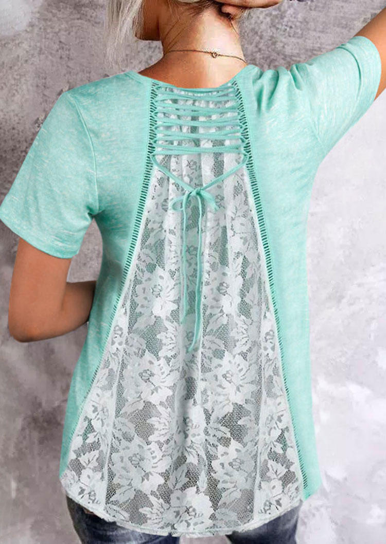 

Hollow Out Lace Splicing V-Neck Blouse - Green, SCM011674