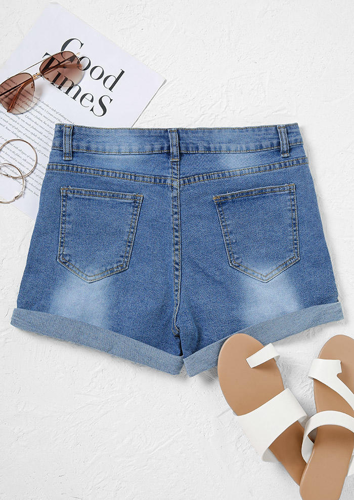 Ripped Frayed Denim Shorts - Blue