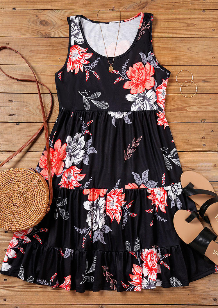 Floral Ruffled Sleeveless O-Neck Mini Dress