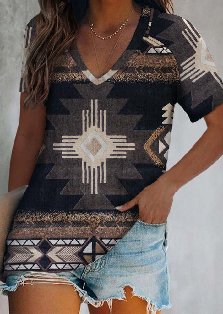 

Aztec Geometric Short Sleeve Blouse, Multicolor, SCM010995