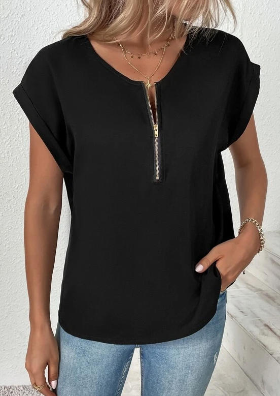 

Zipper O-Neck Casual Blouse - Black, SCM011860