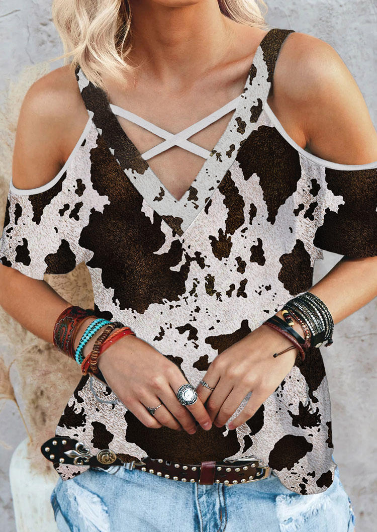 

Cow Criss-Cross Cold Shoulder Blouse, Multicolor, SCM011899