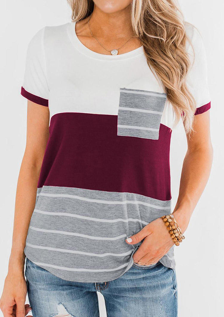 

Striped Color Block Pocket O-Neck Blouse - Burgundy, Red, SCM011995