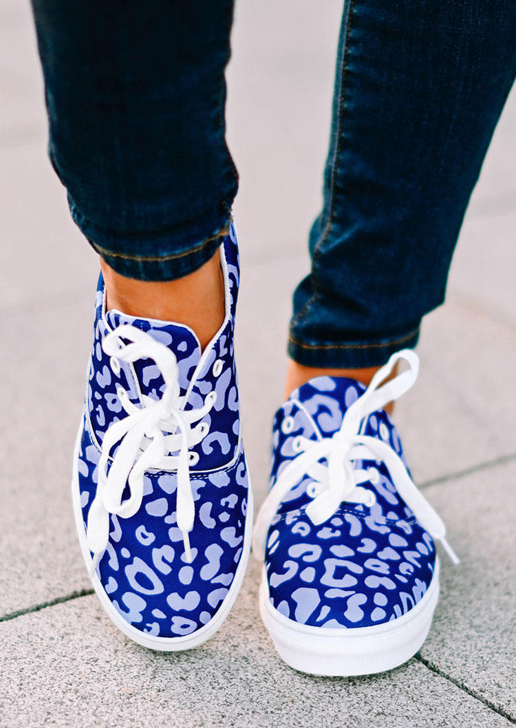 

Leopard Lace Up Flat Canvas Sneakers - Blue, SCM010737