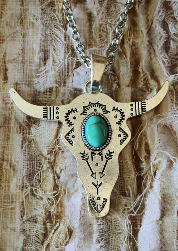 Turquoise Steer Skull Arrow Pendant Necklace