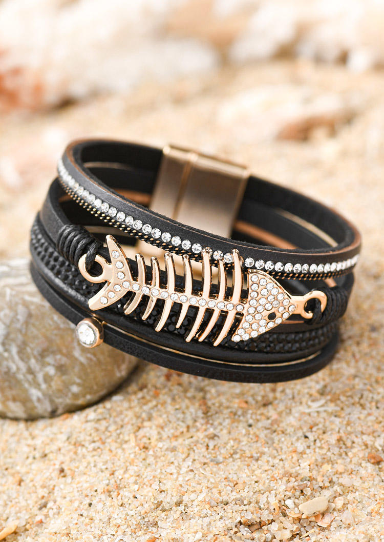 

Rhinestone Fish Bone Hollow Out Magnetic Buckle Bracelet, Black, SCM011705
