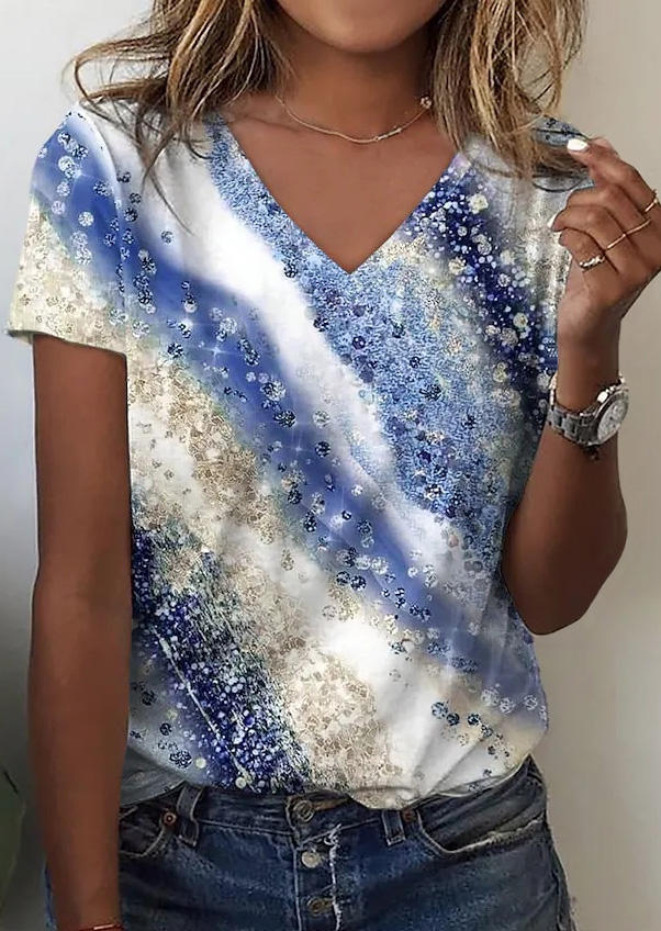 

Glitter Short Sleeve V-Neck Blouse, Multicolor, SCM011743