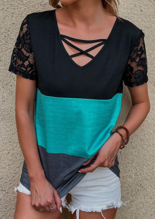 

Color Block Lace Splicing Criss-Cross Blouse, Multicolor, SCM011745