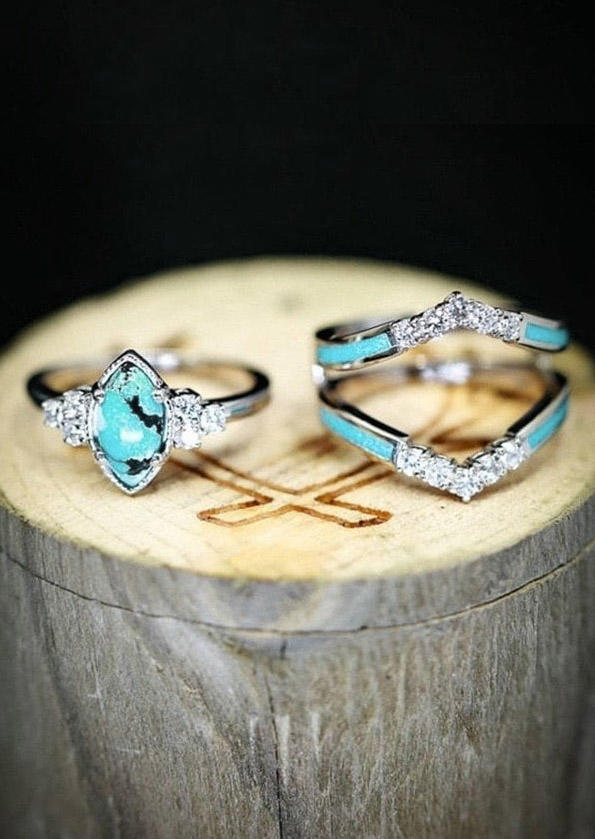 

3Pcs Turquoise Rhinestone Ring Set, Silver, SCM011776