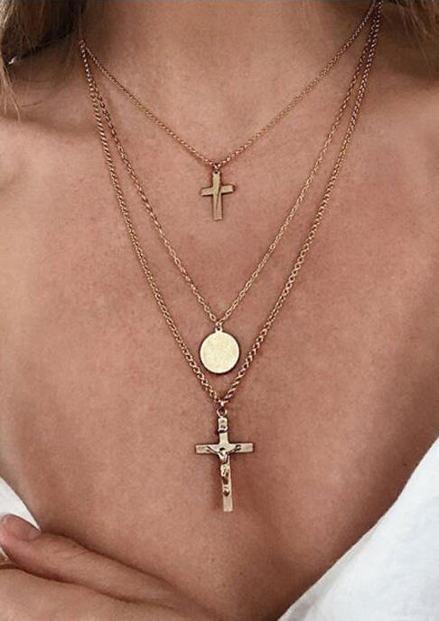 

Cross Multi-Layered Alloy Necklace, Gold, SCM011841