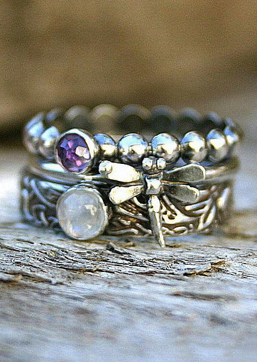 

3Pcs Dragonfly Rhinestone Gemstone Ring Set, Silver, SCM011983
