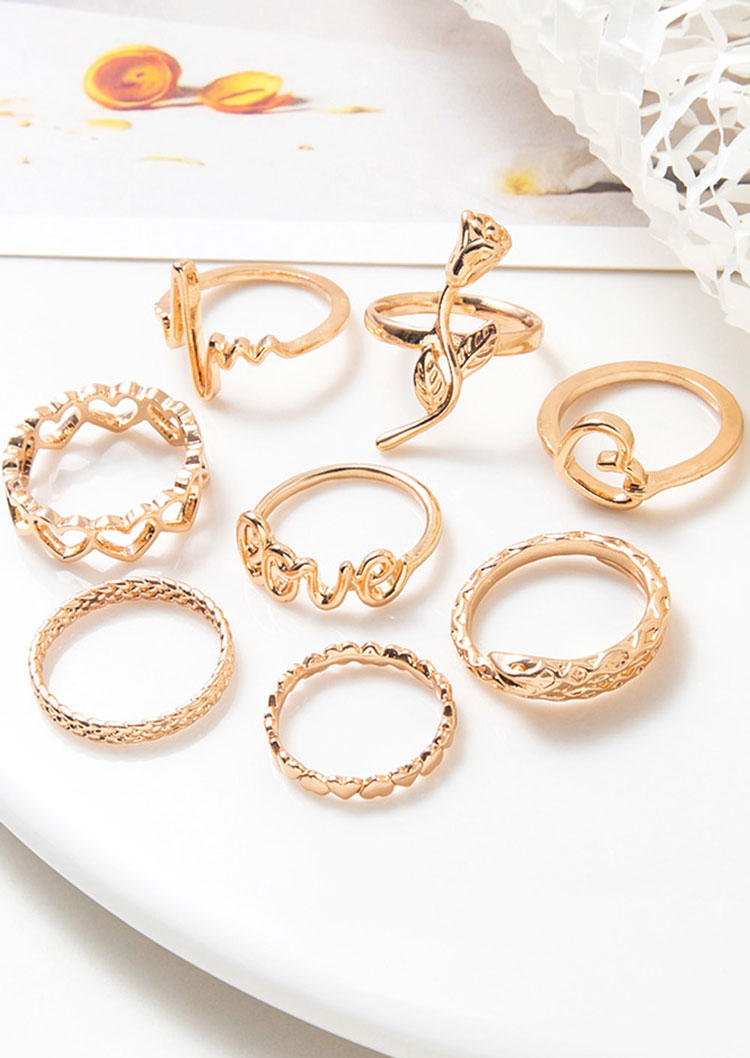 8Pcs Floral Heart Hollow Out Ring Set