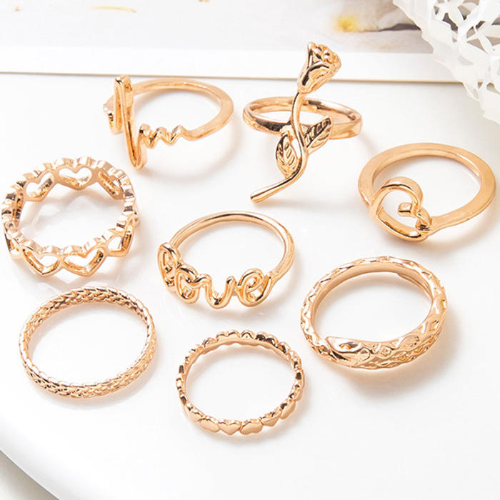 8Pcs Floral Heart Hollow Out Ring Set