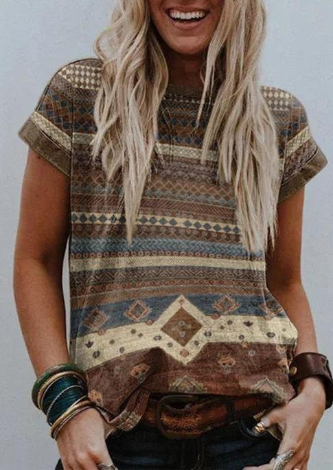 

Geometric Ethnic O-Neck Blouse, Multicolor, SCM012046