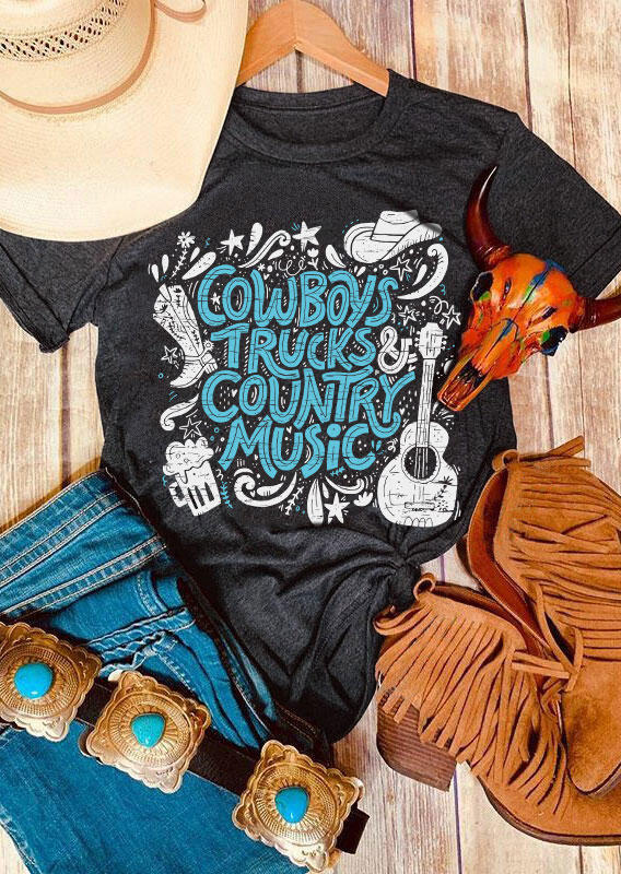 

Cowboys Trucks Country Music Drink Paisley T-Shirt Tee - Dark Grey, Gray, SCM012054