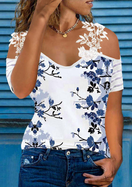 

Floral Striped Lace Splicing Blouse, Multicolor, SCM011742