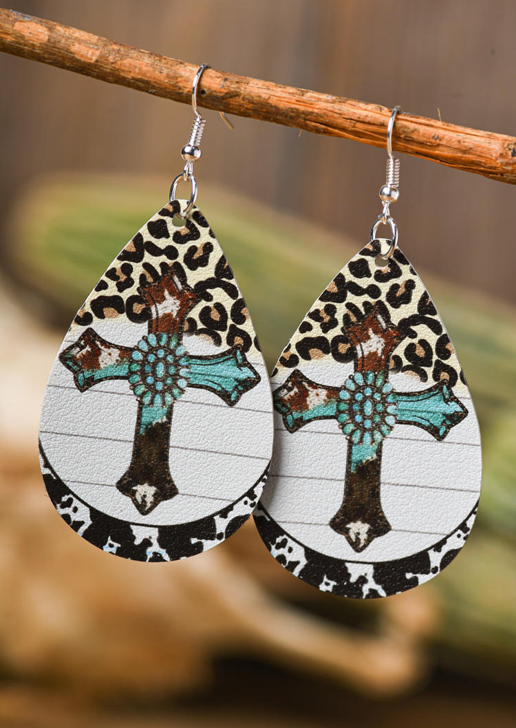 Leopard Cow Turquoise Cross PU Leather Hook Earrings