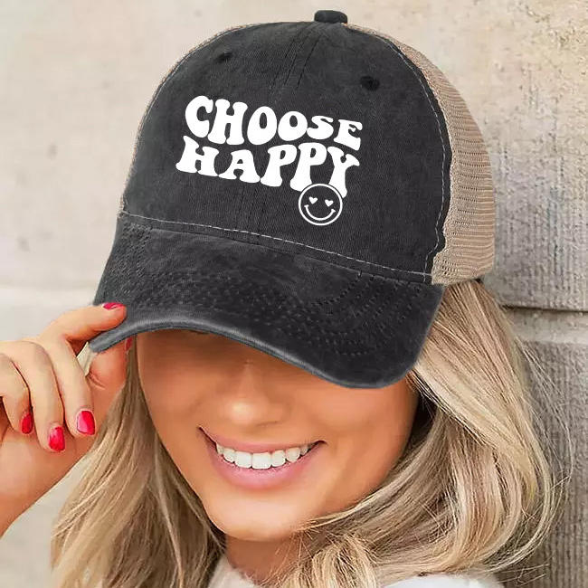 Choose Happy Mesh Splicing Baseball Cap - Black