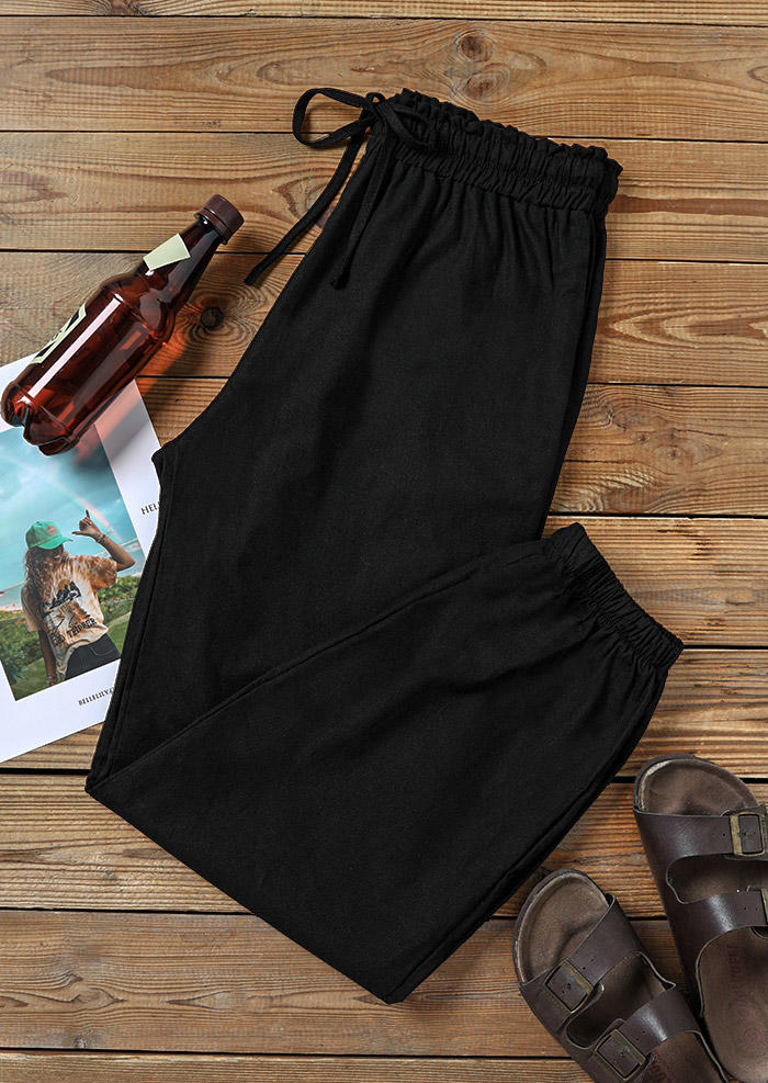 Pocket Elastic Waist Casual Pants - Black