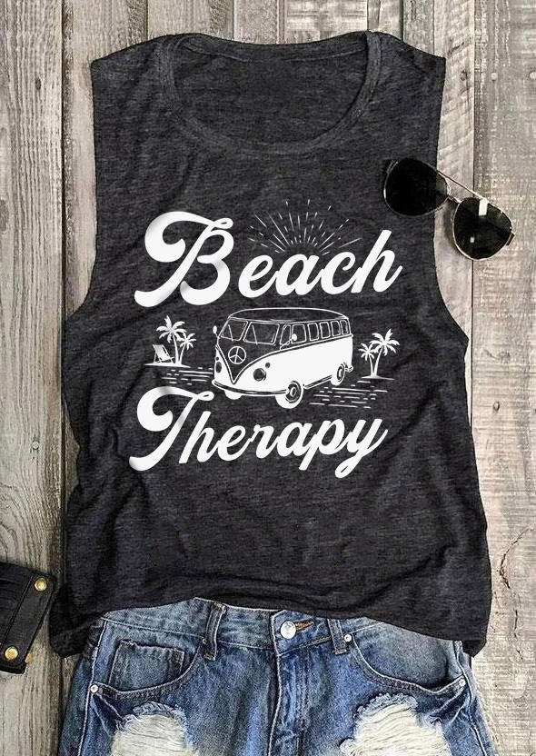 

Beach Therapy Coconut Tree O-Neck Tank - Dark Grey, Gray, SCM012175