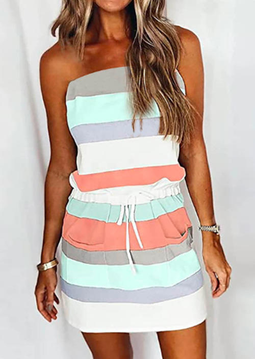 Pre-sale Colorful Striped Pocket Strapless Bandeau Drawstring Mini Dress