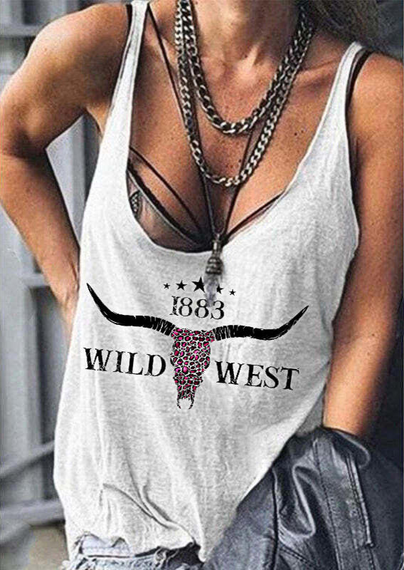 

1883 Wild West Steer Skull Leopard Tank - Light Grey, Gray, SCM011824